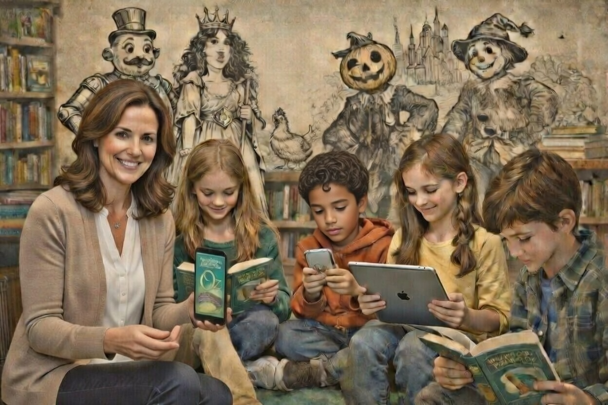 Children reading books together with classic literary illustrations