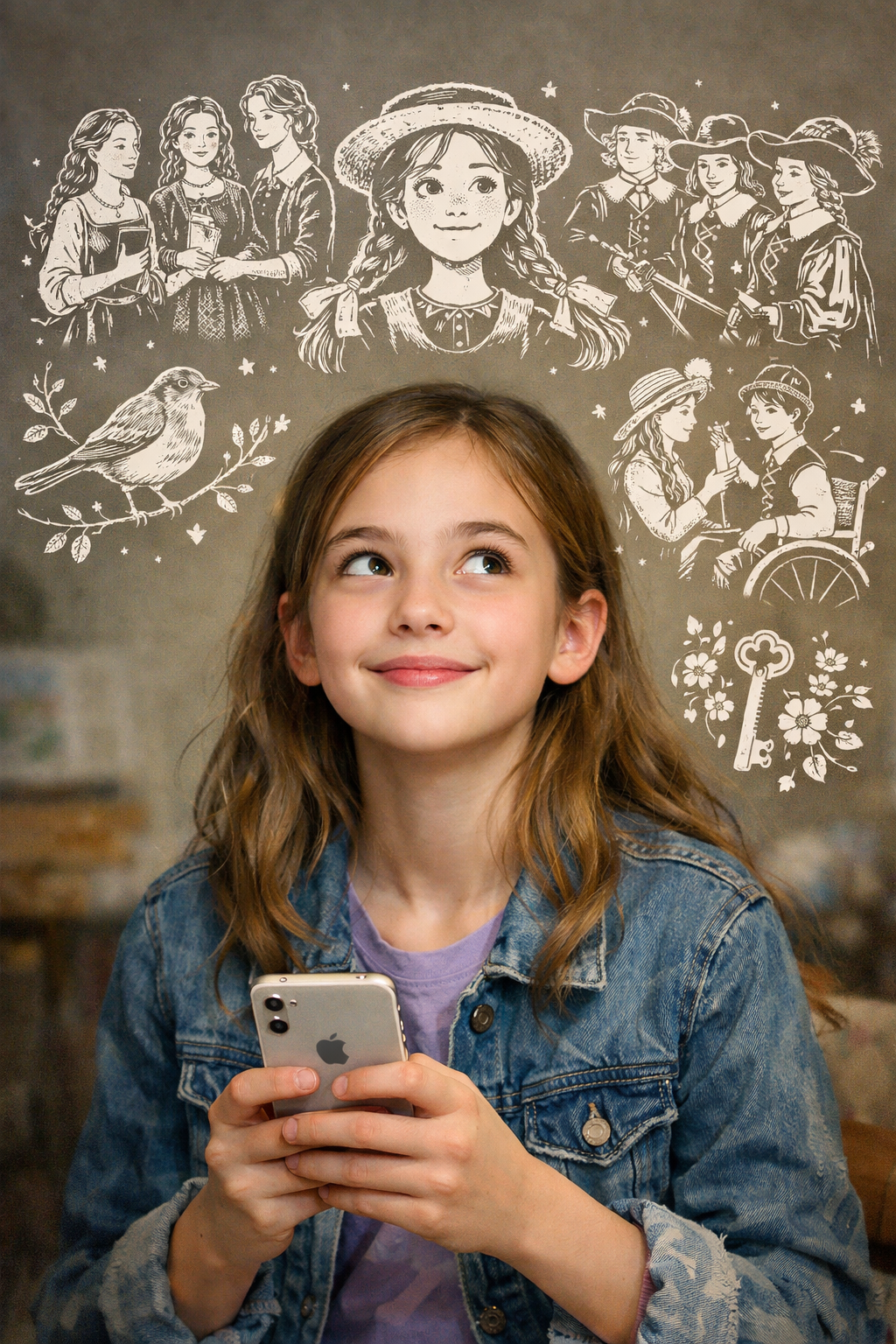 Girl imagining literary characters while reading on her phone