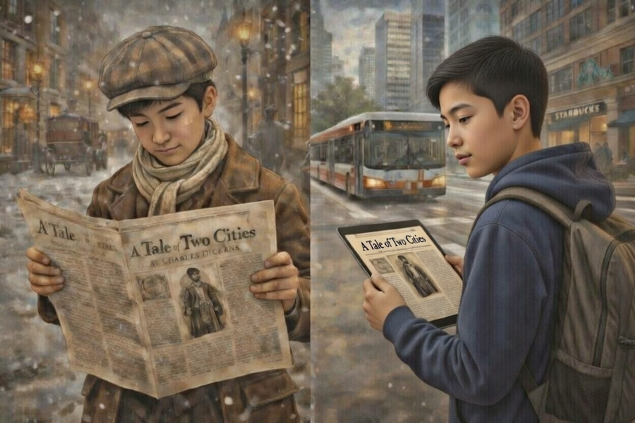 Kids reading books and using devices together with Oz illustrations