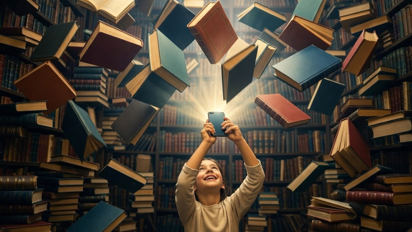 Child surrounded by flying books